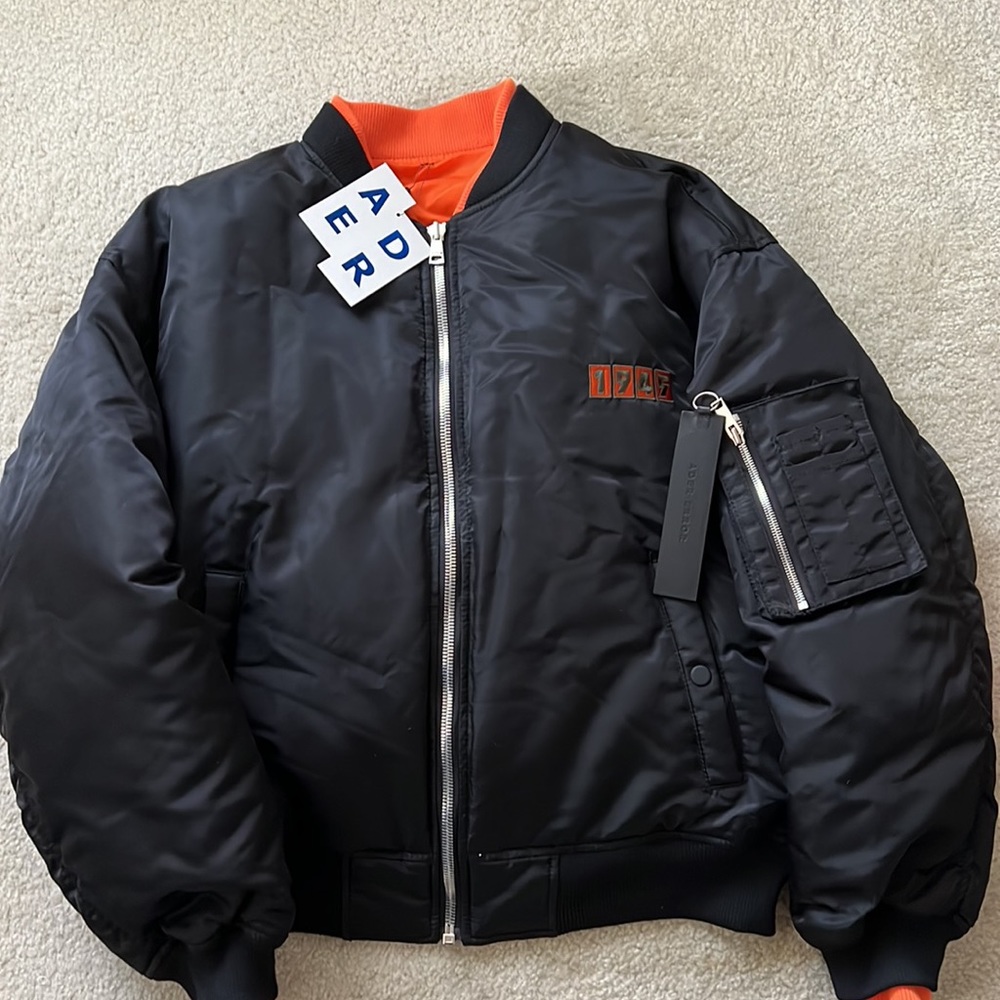 Men's Black Bomber Jacket with Orange Accents - Picture 2 of 4
